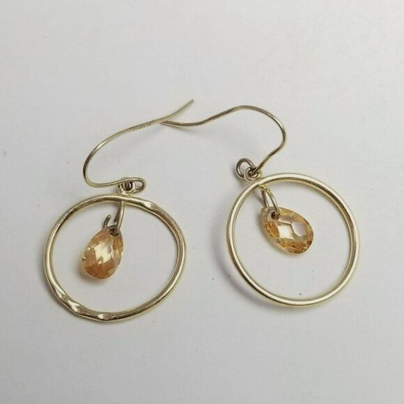 10k Yellow Gold Earrings, Dangle Hoops with Faced Beads, 0.8 Grams AS IS - Picture 1 of 8